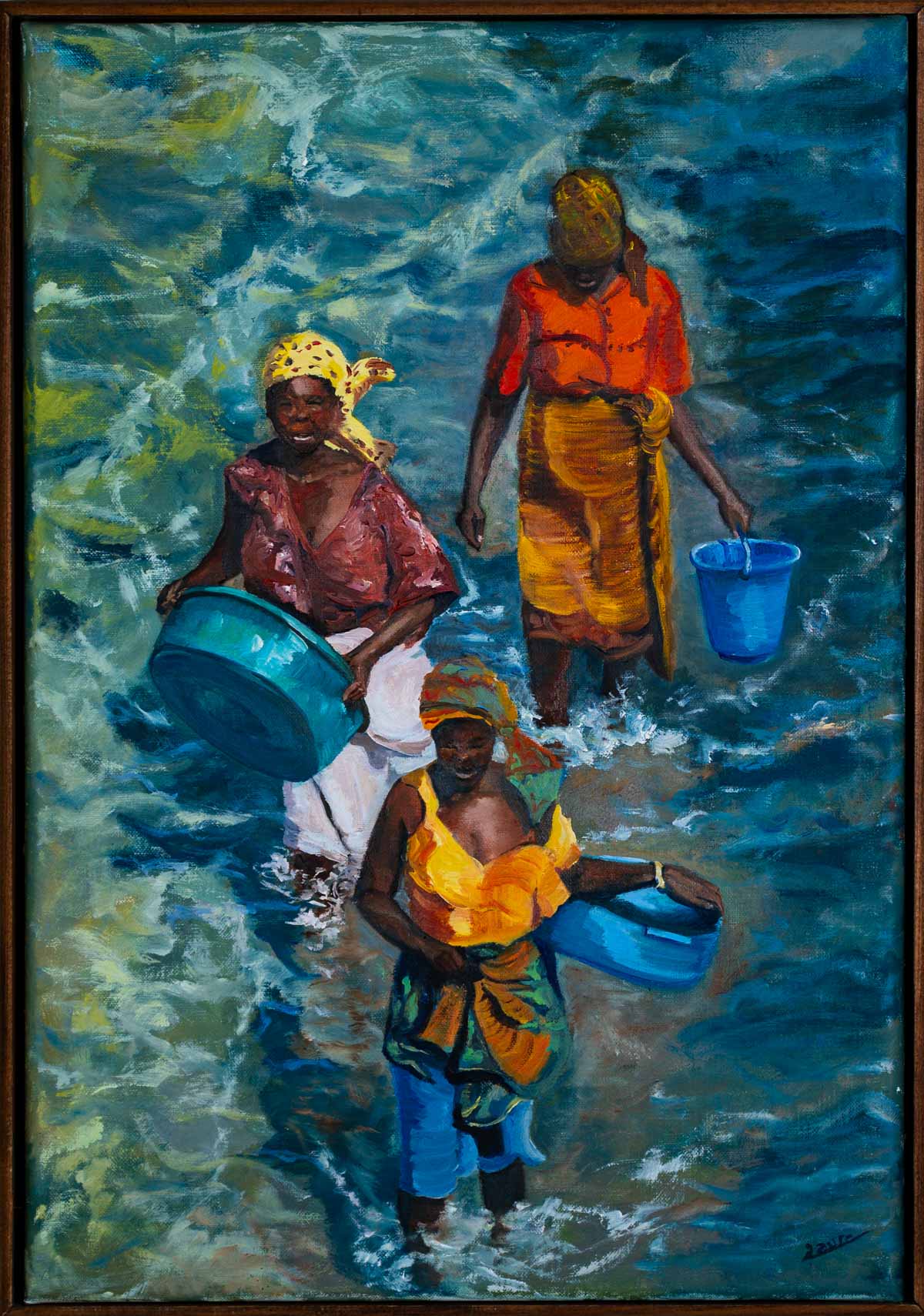 Peinture à l'huile sur toile de lin d'Isa Faure, scène de la vie africaine -01