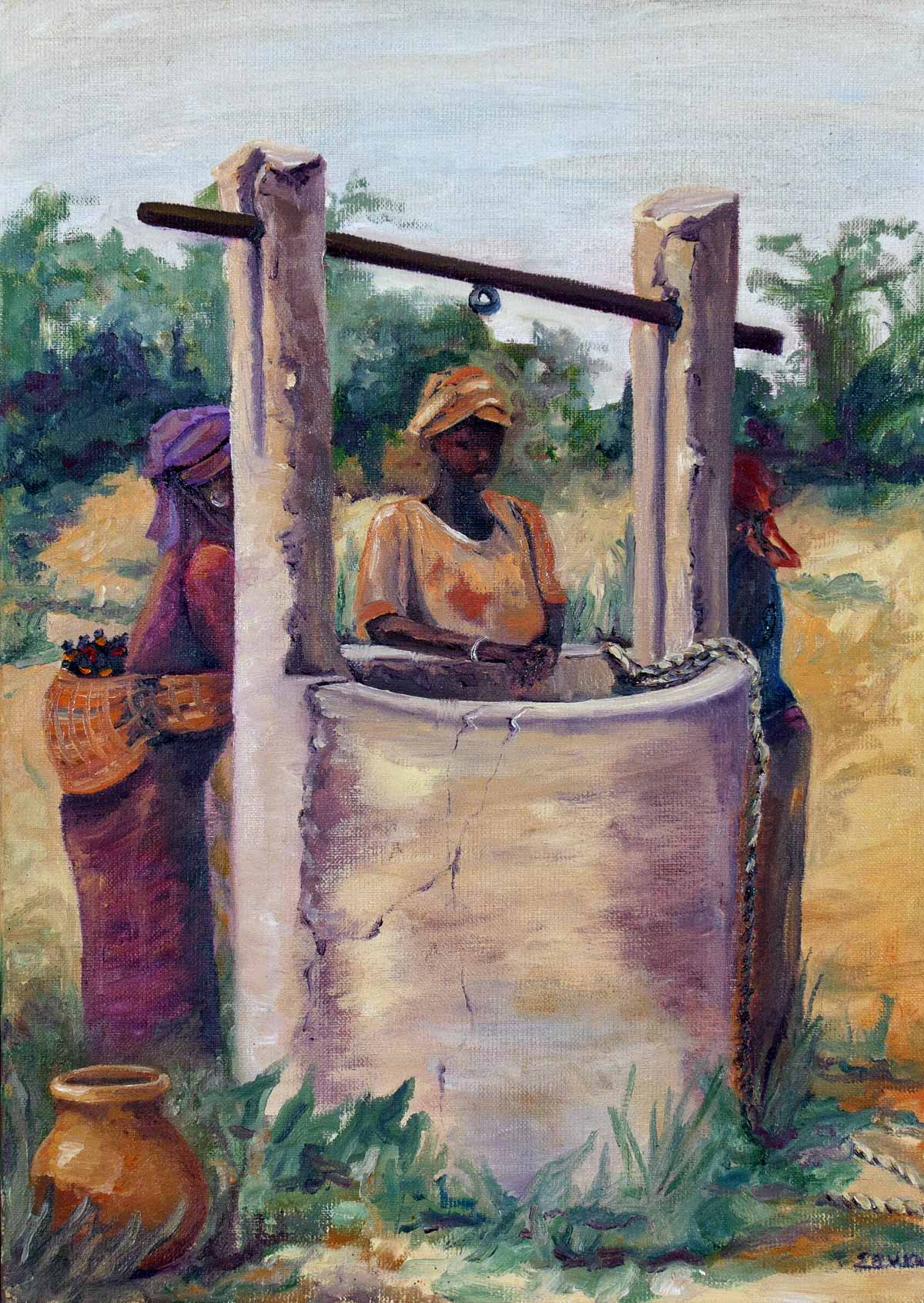 Peinture à l'huile sur toile de lin d'Isa Faure, scène de la vie africaine -02