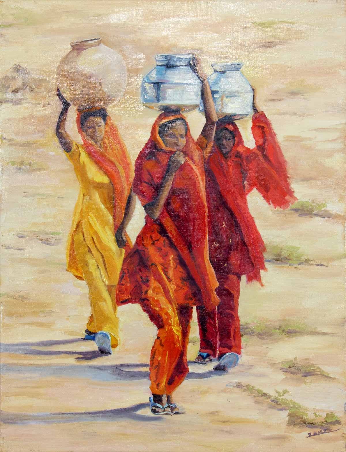 Peinture à l'huile sur toile de lin d'Isa Faure, scène de la vie africaine -03