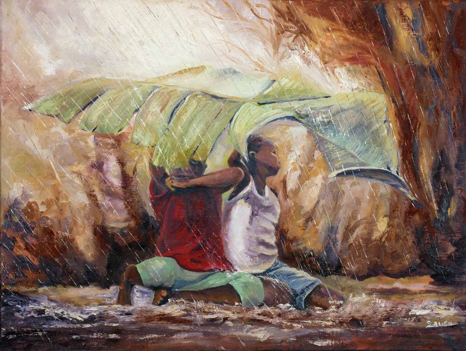 Peinture à l'huile sur toile de lin d'Isa Faure, scène de la vie africaine -11