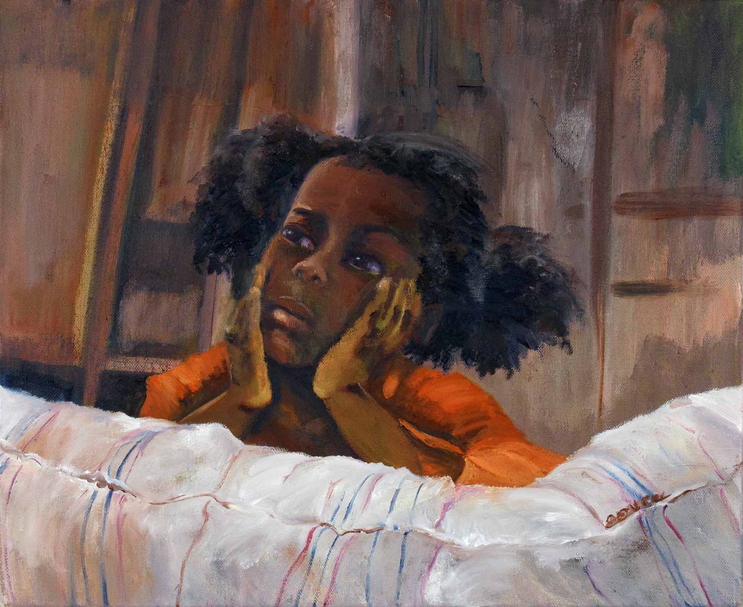 Peinture à l'huile sur toile de lin d'Isa Faure, scène de la vie africaine -18