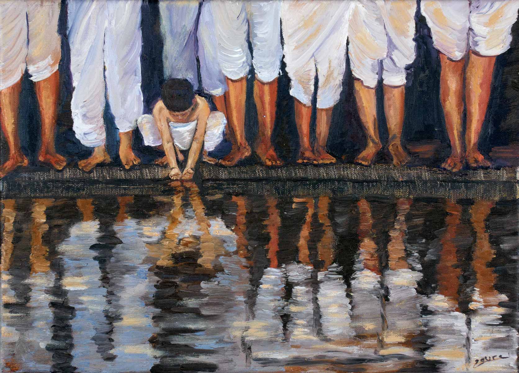 Peinture à l'huile sur toile de lin d'Isa Faure, scène de la vie africaine -21