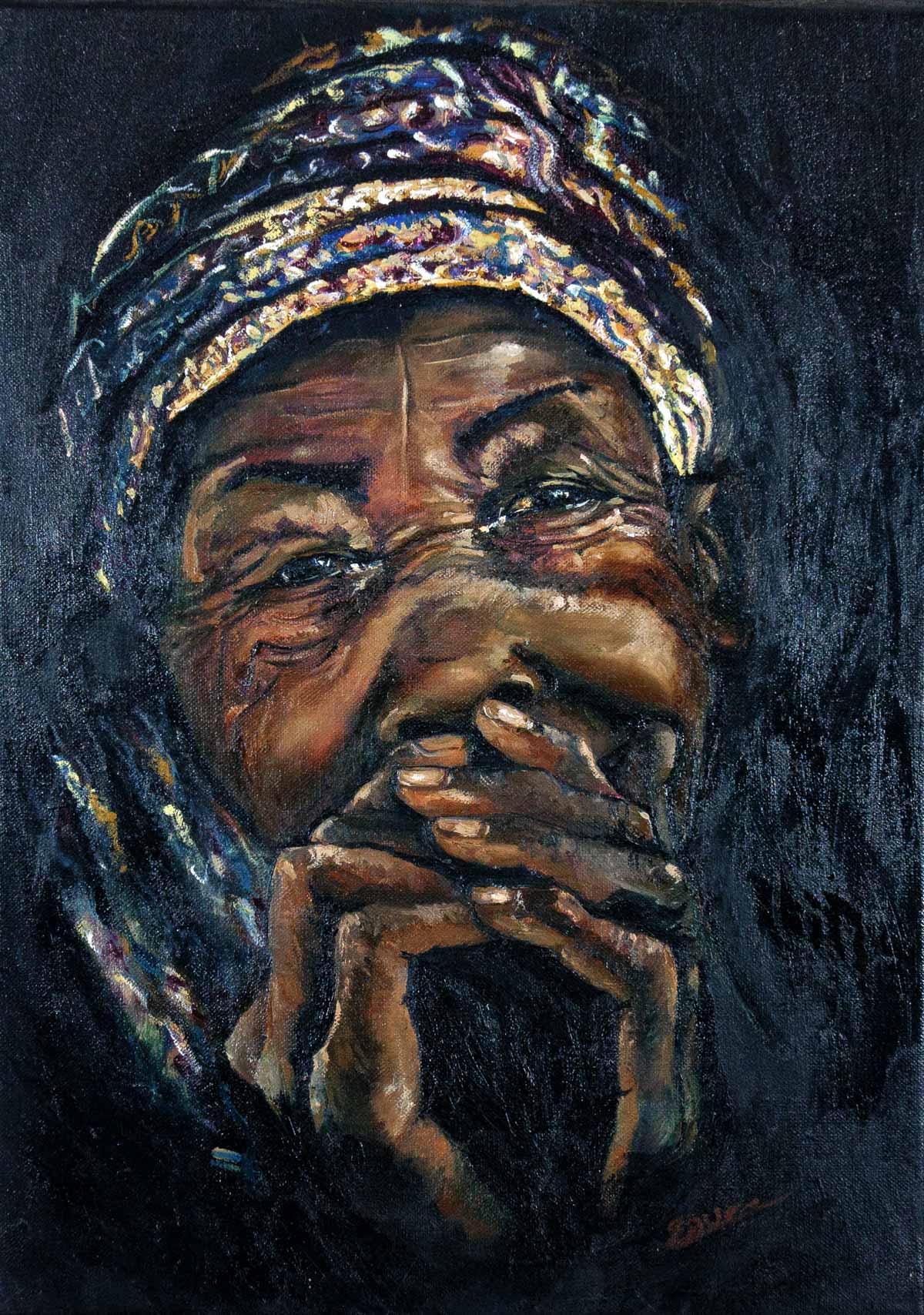 Peinture à l'huile sur toile de lin d'Isa Faure, scène de la vie africaine -29