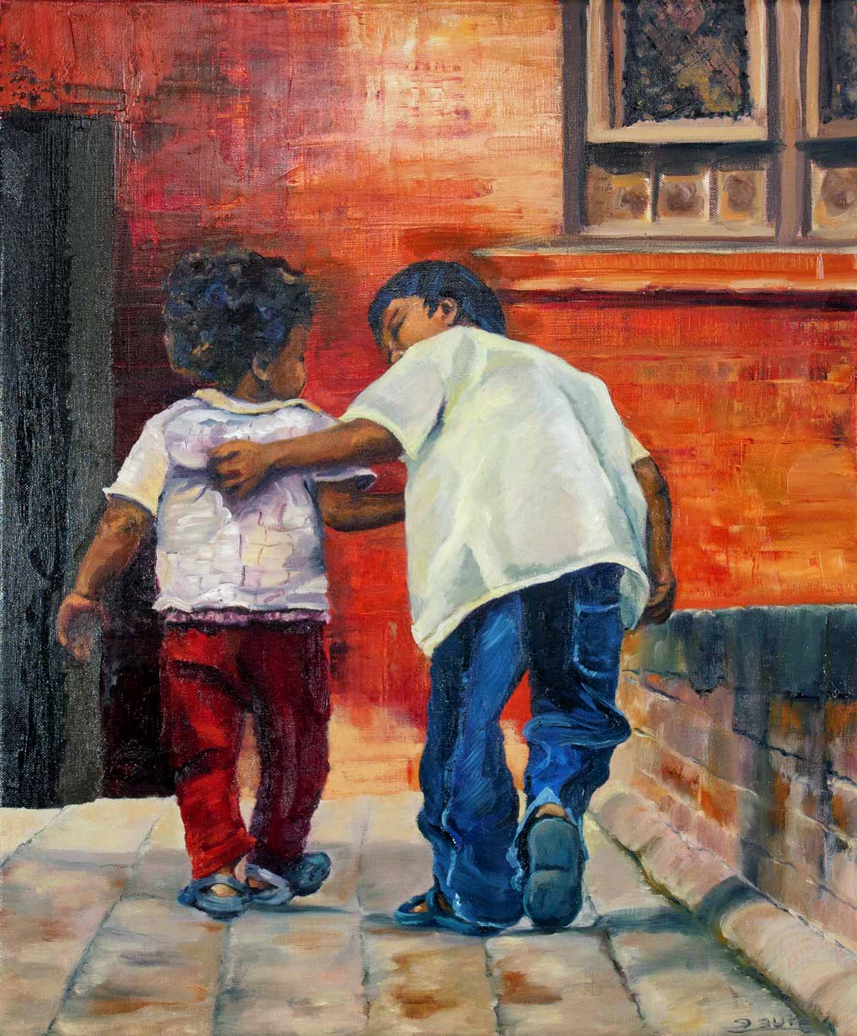 Peinture à l'huile sur toile de lin d'Isa Faure, scène de la vie africaine -32