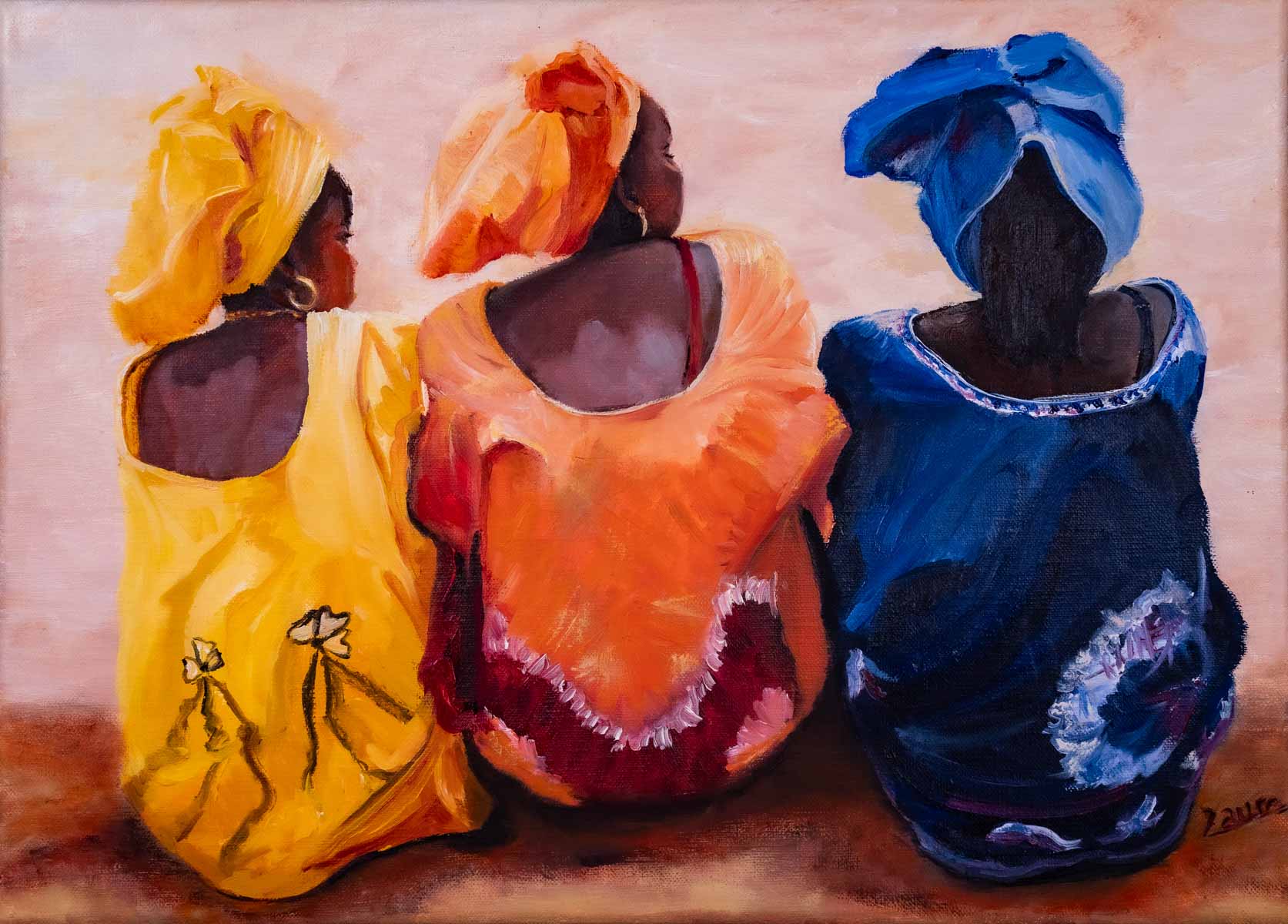 Peinture à l'huile sur toile de lin d'Isa Faure, scène de la vie africaine -34