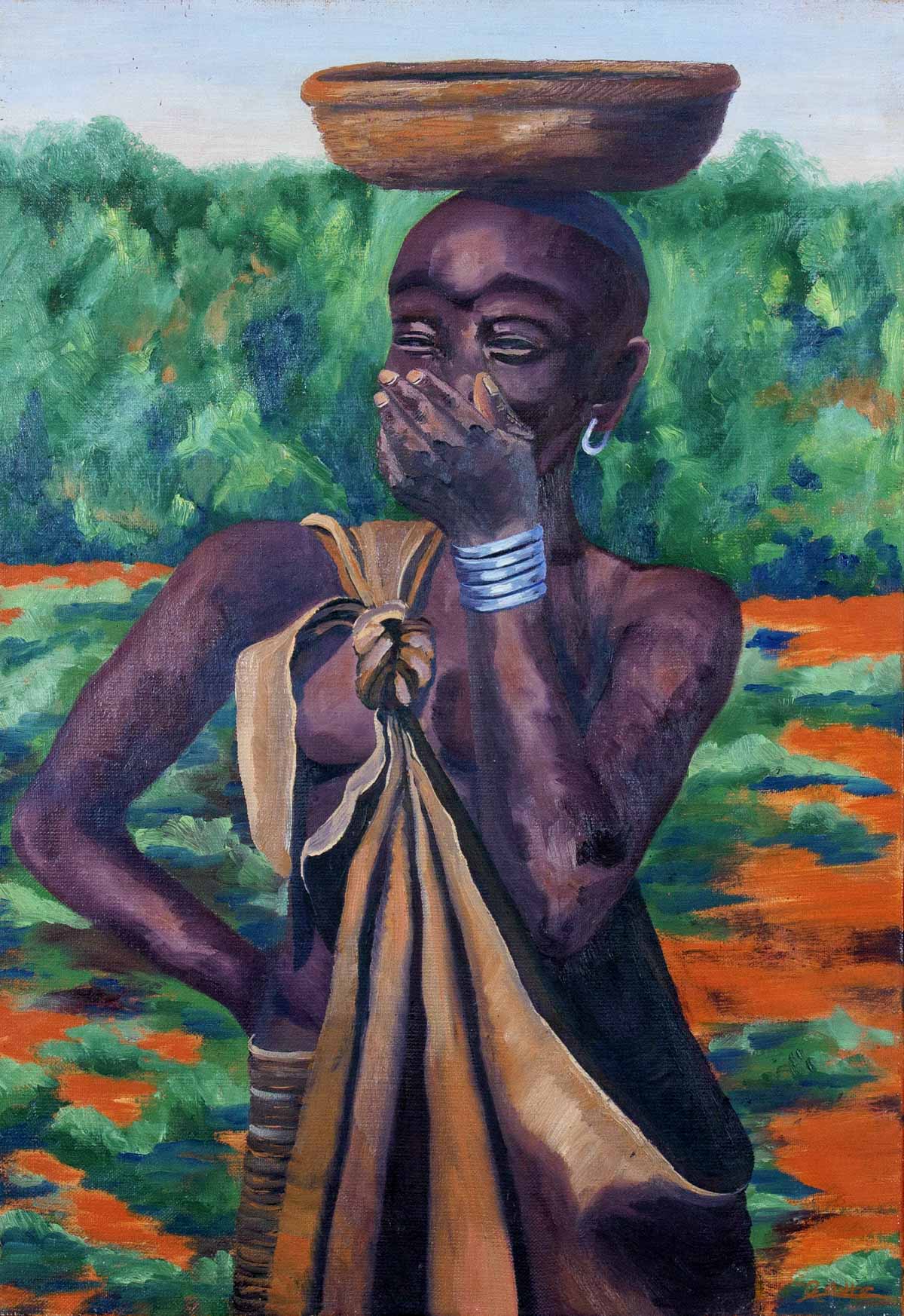 Peinture à l'huile sur toile de lin d'Isa Faure, scène de la vie africaine -36