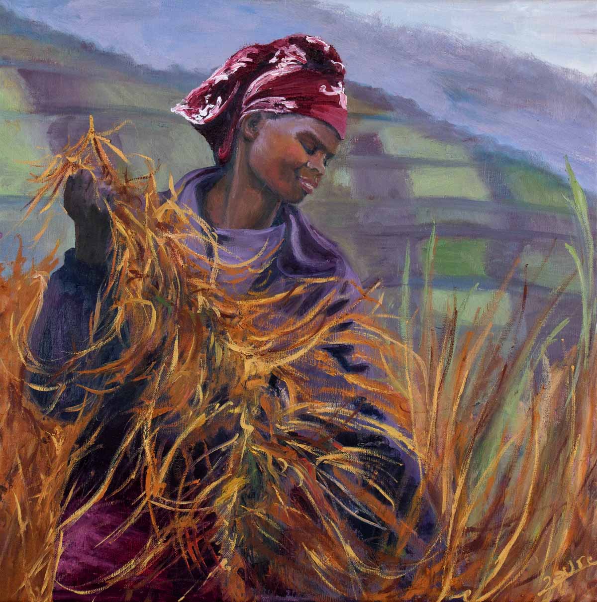 Peinture à l'huile sur toile de lin d'Isa Faure, scène de la vie africaine -37