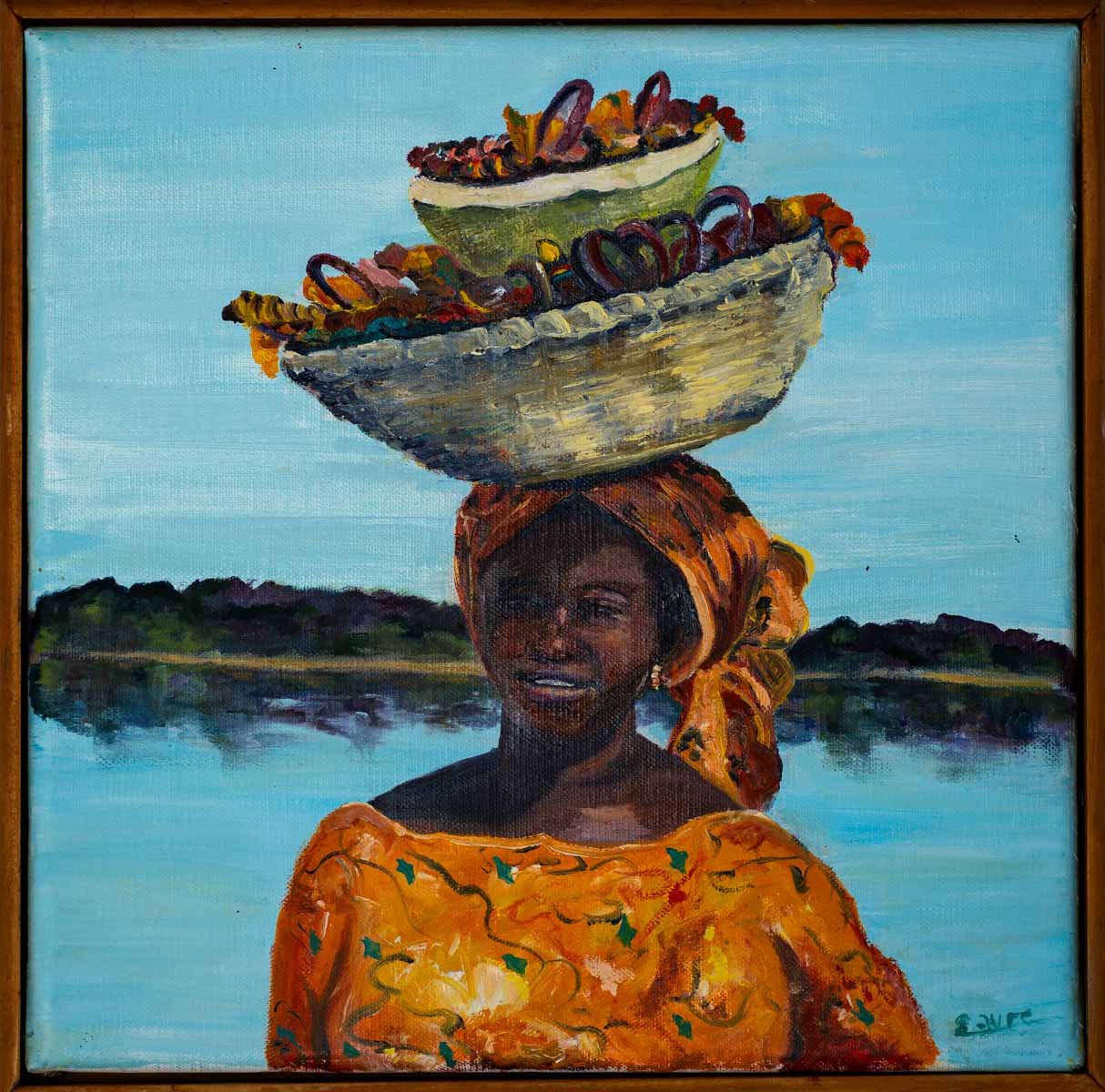 Peinture à l'huile sur toile de lin d'Isa Faure, scène de la vie africaine -41