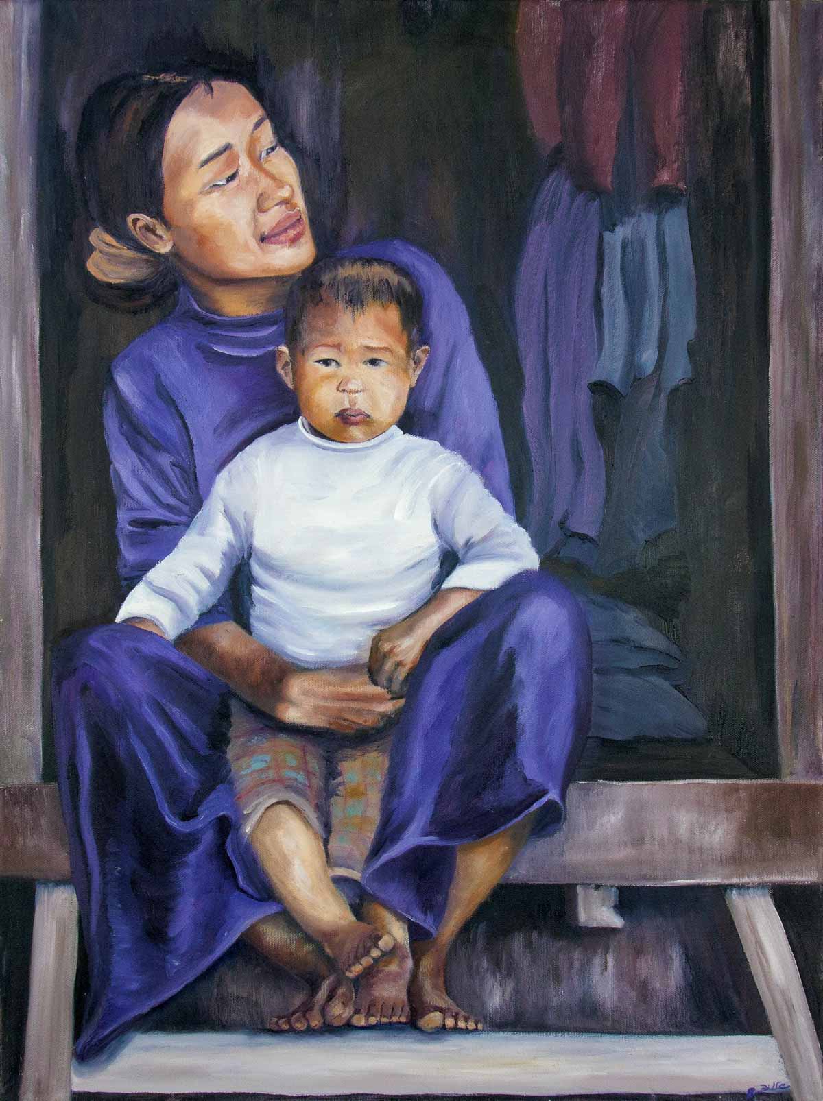 Peinture à l'huile sur toile de lin d'Isa Faure, scène de la vie africaine -43