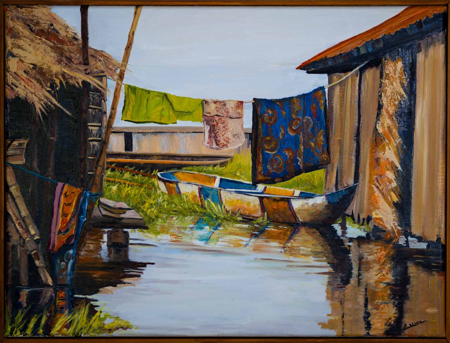 Peinture à l'huile sur toile de lin d'Isa Faure, scène de la vie africaine -45