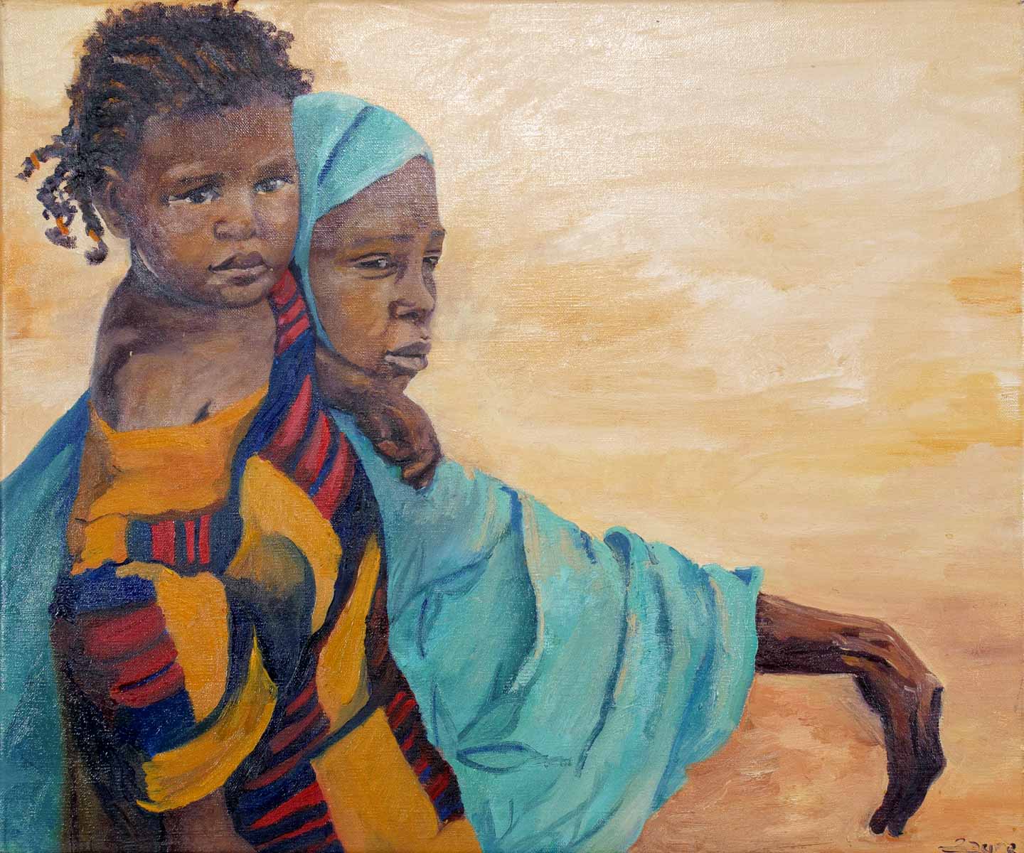 Peinture à l'huile sur toile de lin d'Isa Faure, scène de la vie africaine -47