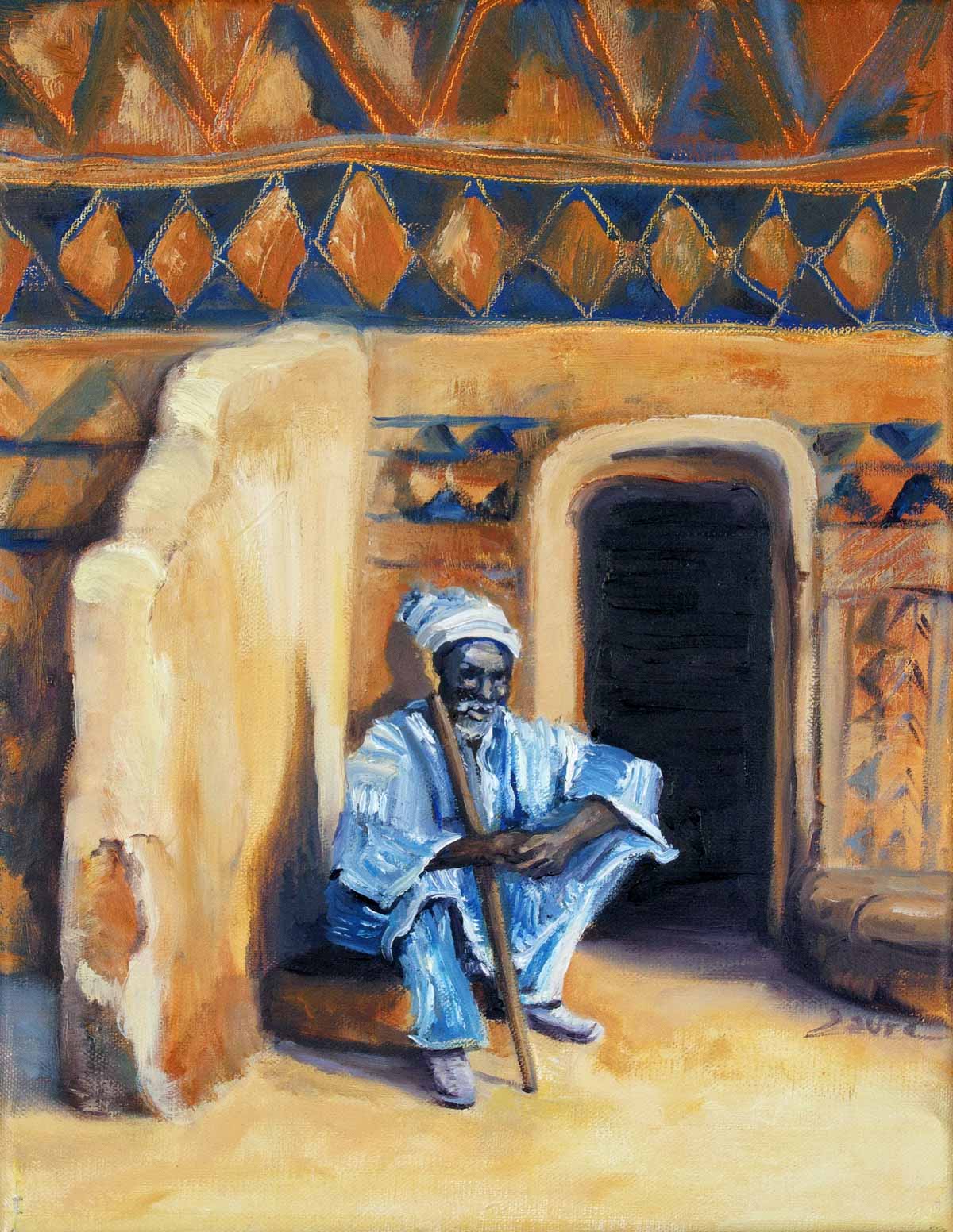 Peinture à l'huile sur toile de lin d'Isa Faure, scène de la vie africaine -48
