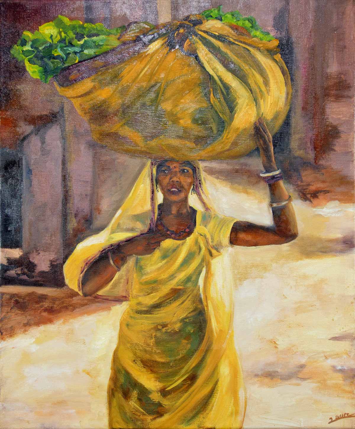 Peinture à l'huile sur toile de lin d'Isa Faure, scène de la vie africaine -49
