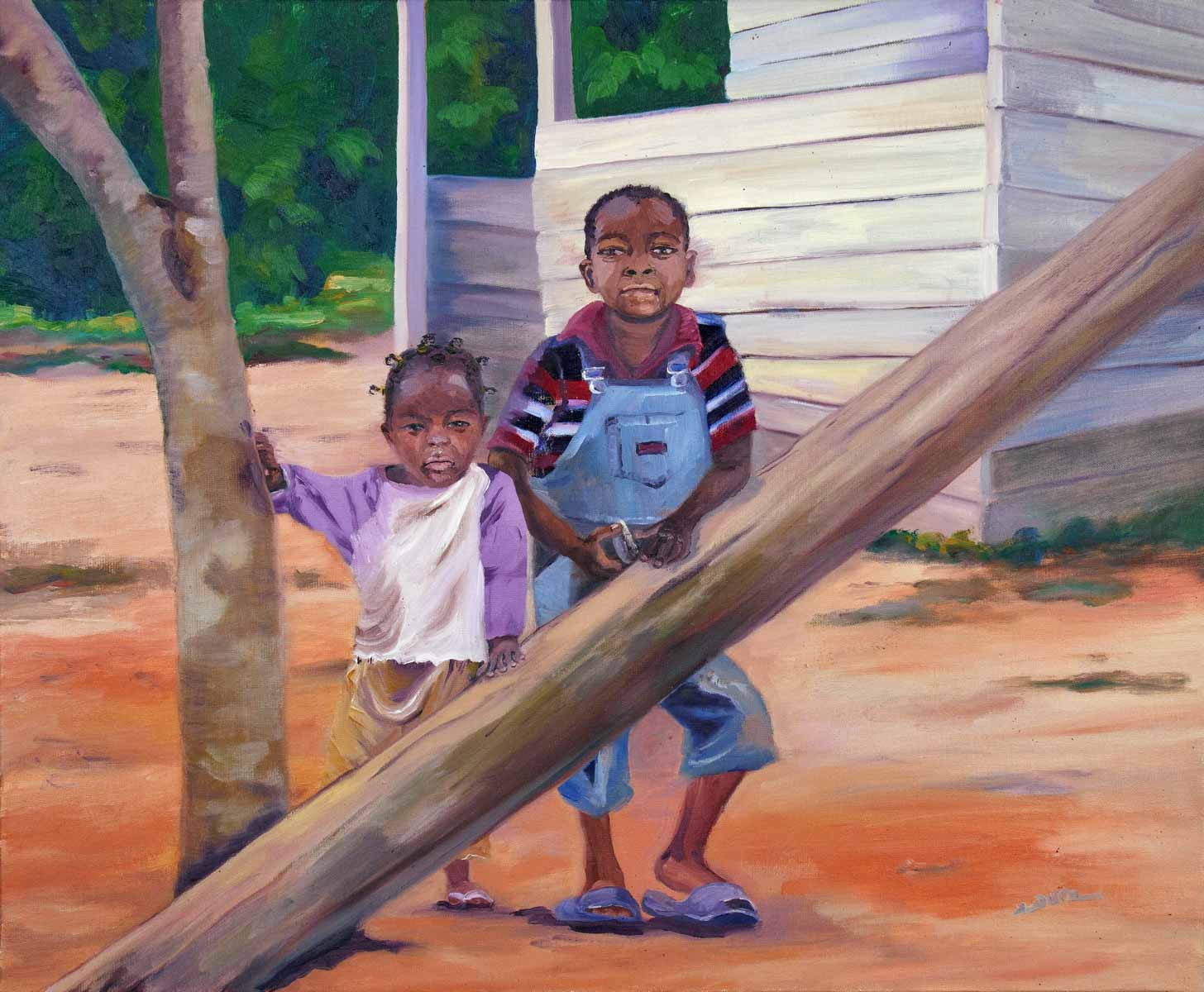 Peinture à l'huile sur toile de lin d'Isa Faure, scène de la vie africaine -50