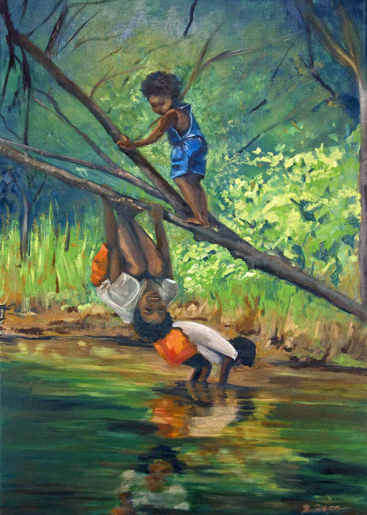 Peinture à l'huile sur toile de lin d'Isa Faure, scène de la vie africaine -53