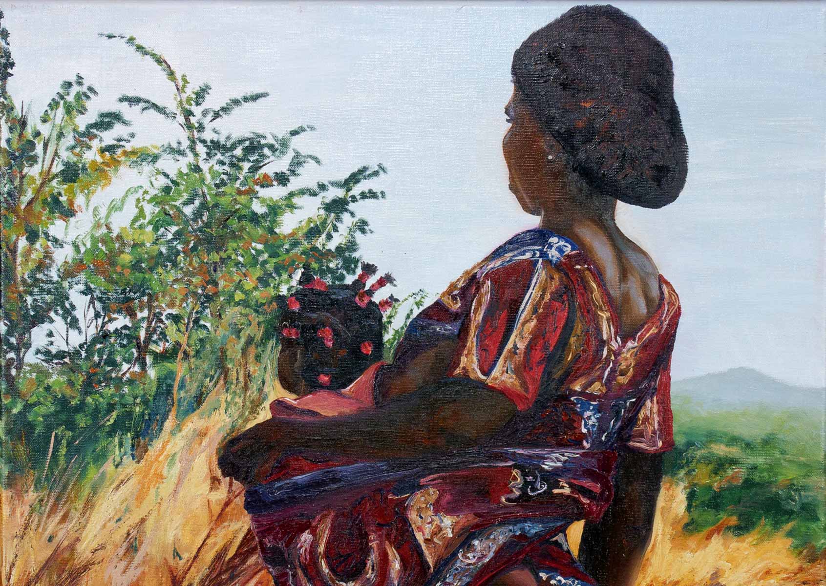 Peinture à l'huile sur toile de lin d'Isa Faure, scène de la vie africaine -54