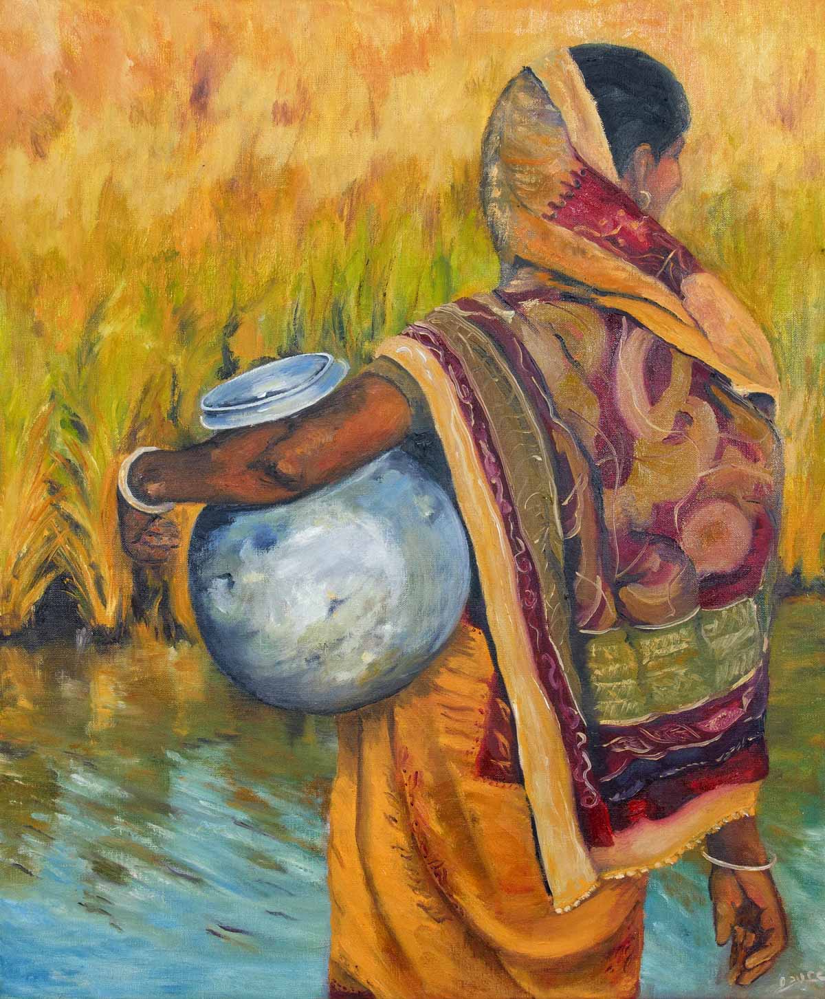 Peinture à l'huile sur toile de lin d'Isa Faure, scène de la vie africaine -59