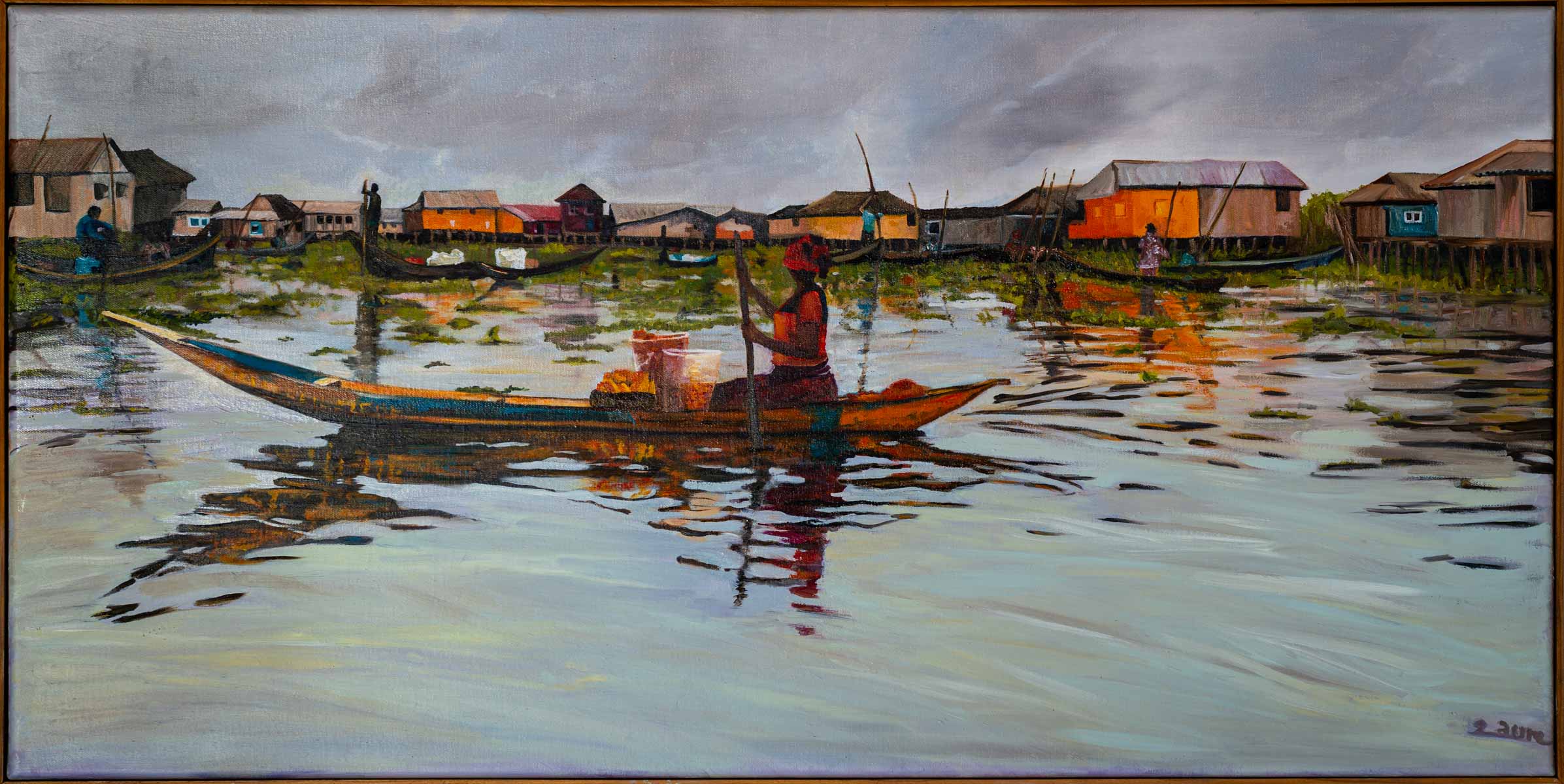 Peinture à l'huile sur toile de lin d'Isa Faure, scène de la vie africaine -66