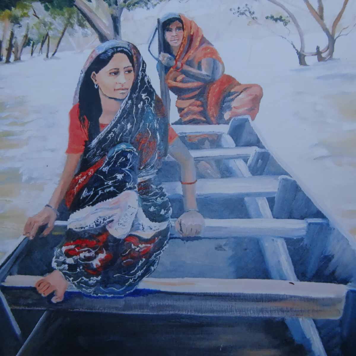 Peinture à l'huile sur toile de lin d'Isa Faure, scène de la vie africaine -69