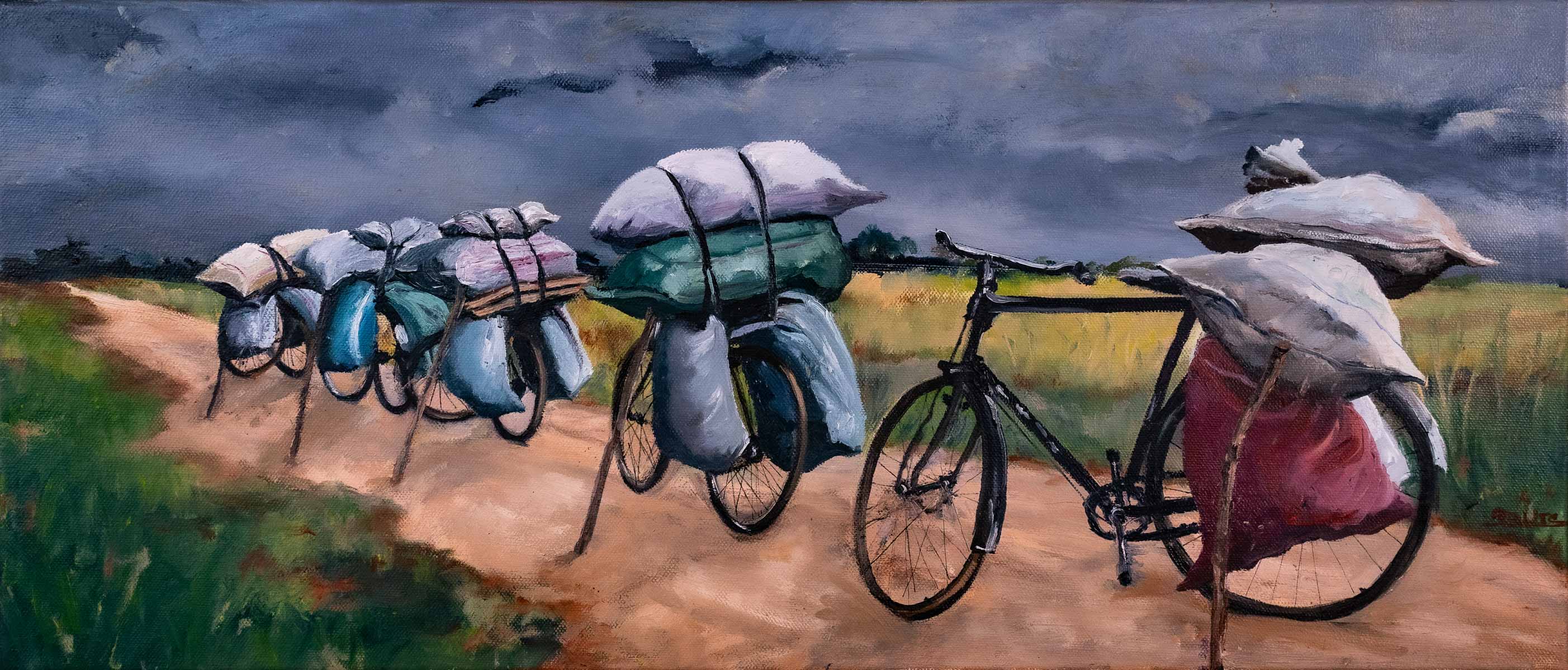 Peinture à l'huile sur toile de lin d'Isa Faure, scène de la vie africaine -70