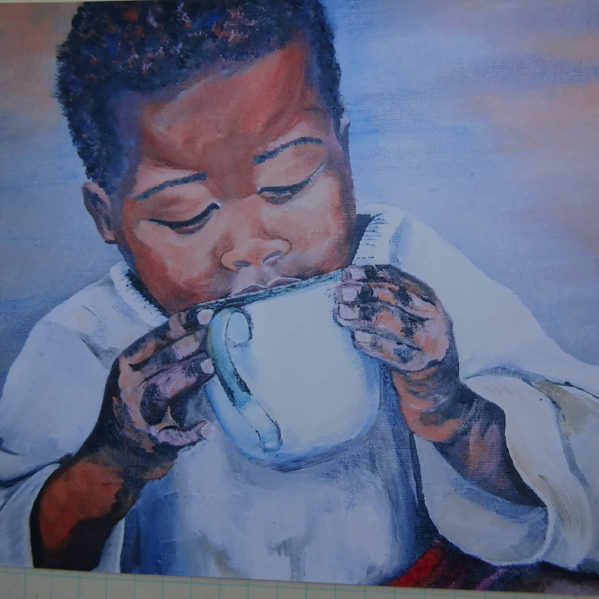 Peinture à l'huile sur toile de lin d'Isa Faure, scène de la vie africaine -73