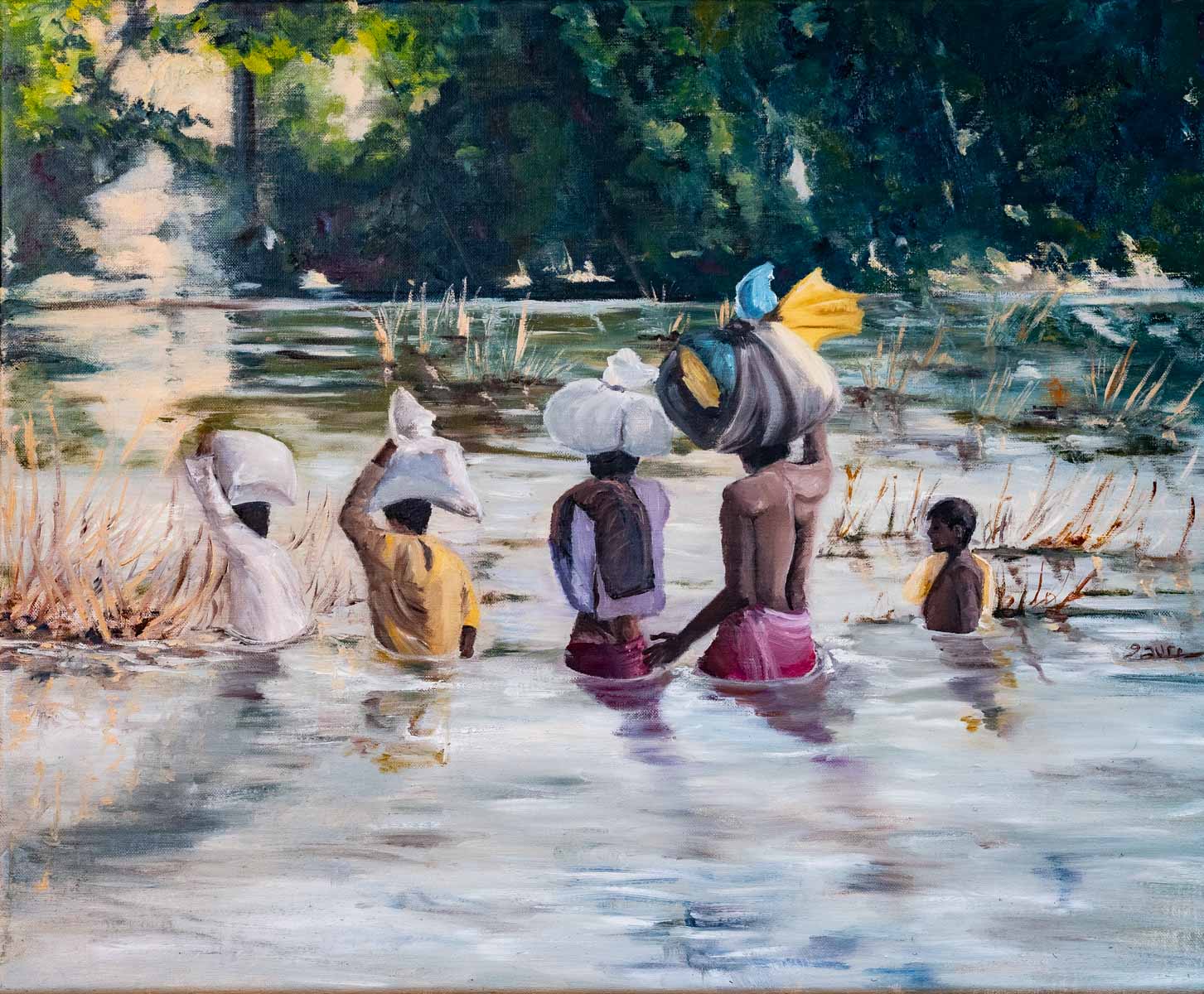 Peinture à l'huile sur toile de lin d'Isa Faure, scène de la vie africaine -80