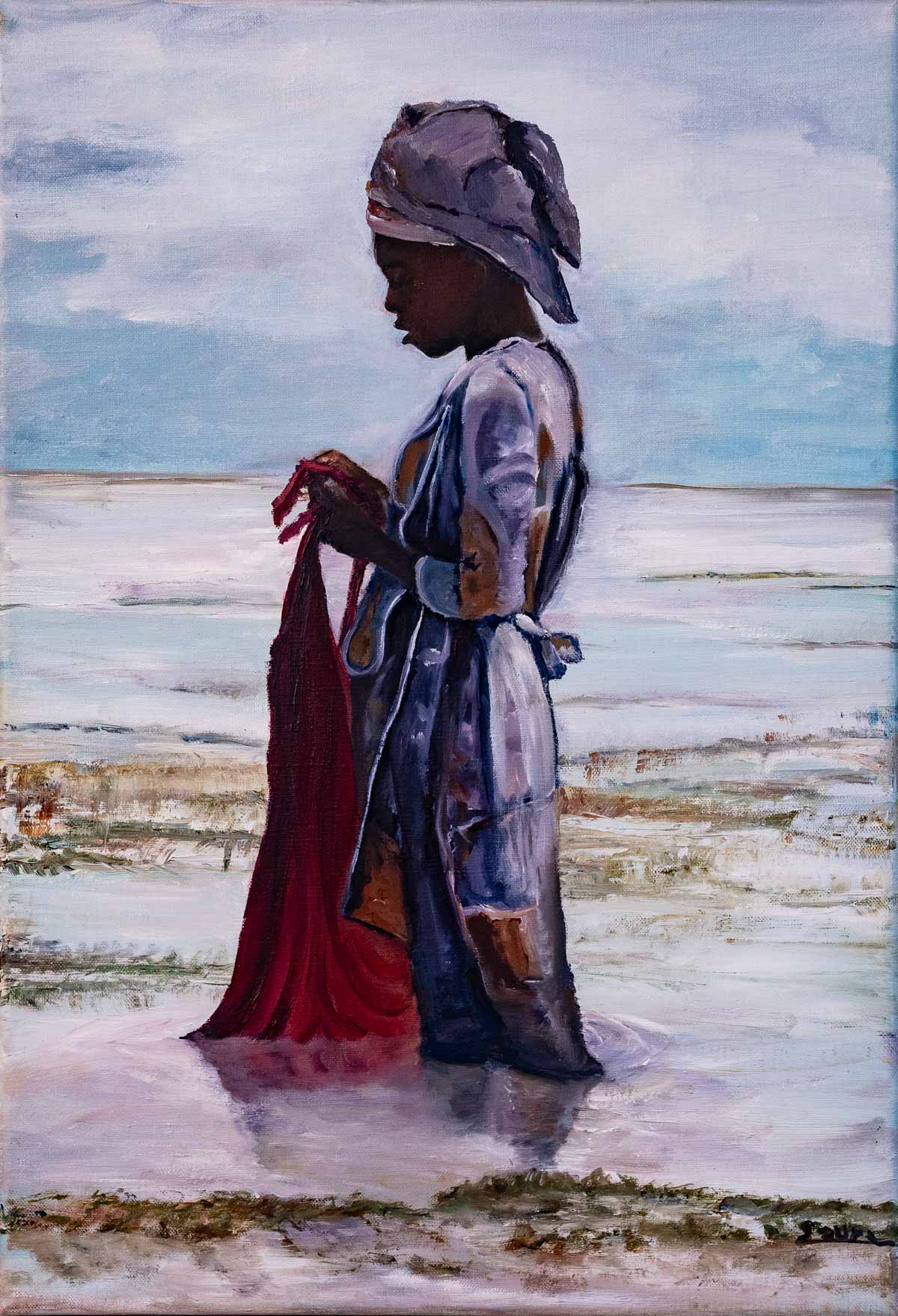 Peinture à l'huile sur toile de lin d'Isa Faure, scène de la vie africaine -81
