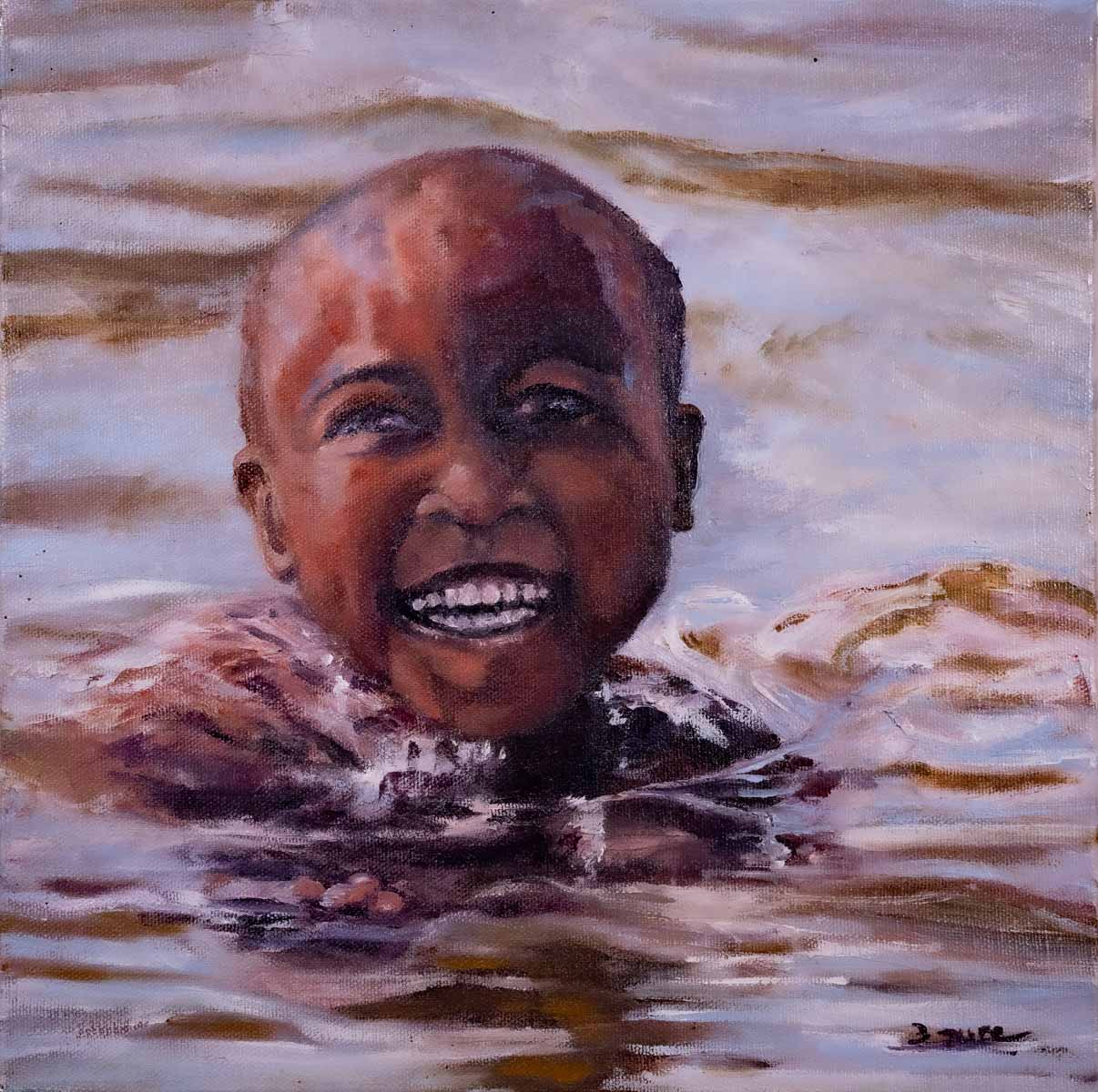Peinture à l'huile sur toile de lin d'Isa Faure, scène de la vie africaine -82