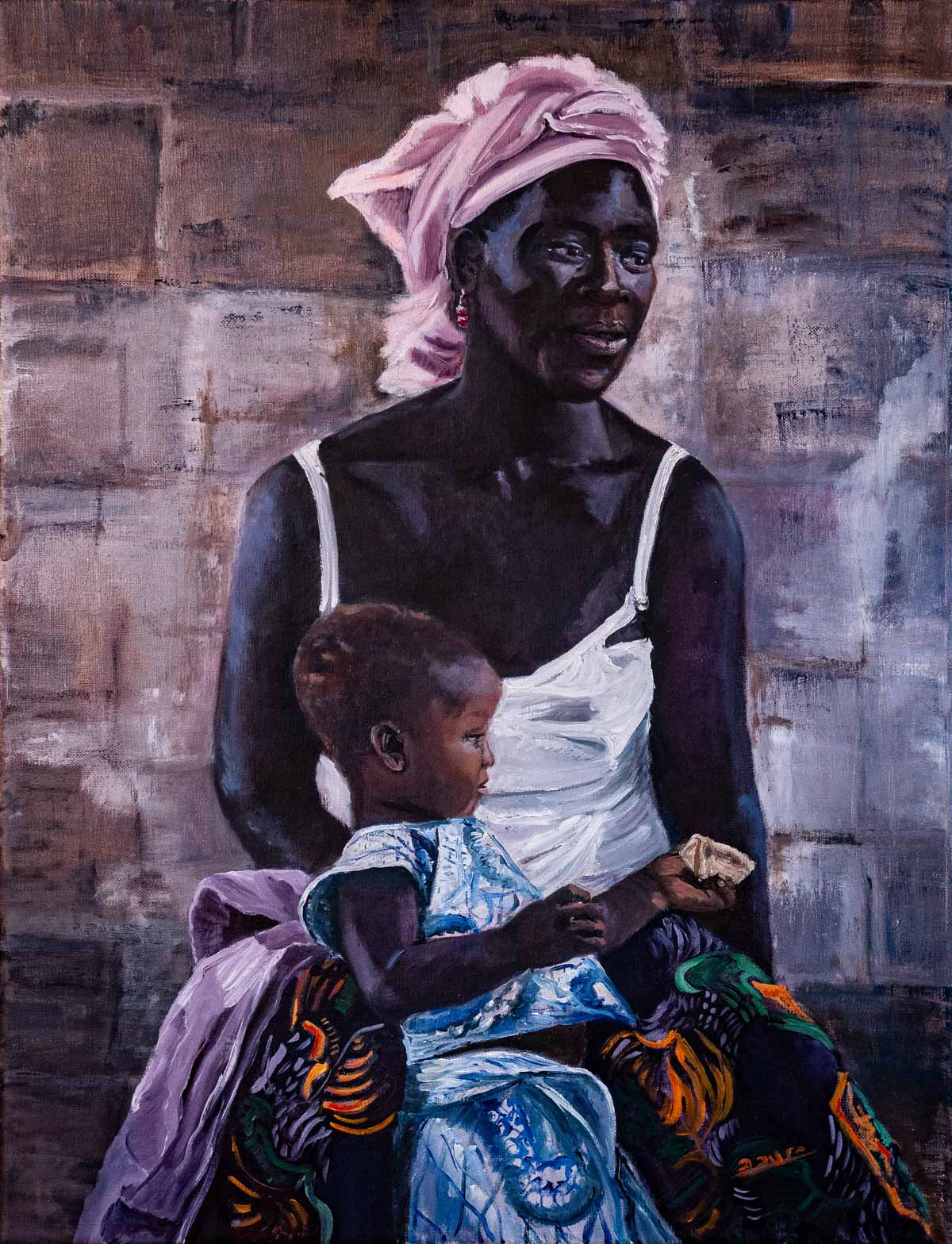 Peinture à l'huile sur toile de lin d'Isa Faure, scène de la vie africaine -83